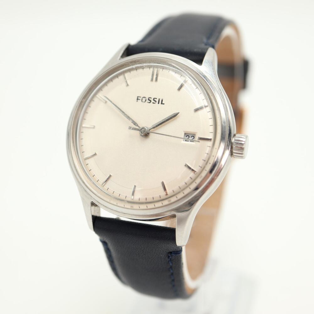 Fossil Ansel Silver Tone Date 36mm Dress Watch Blue Leather ES3163 w New Battery